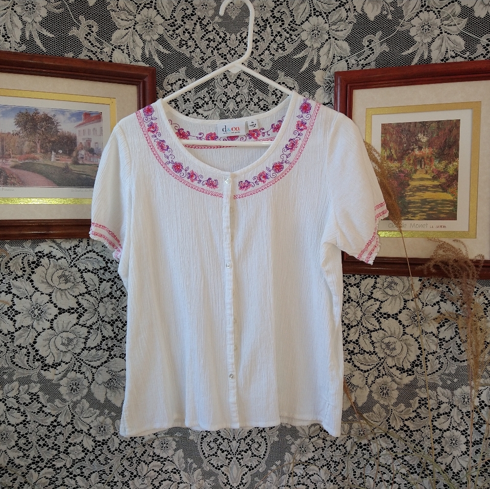 Denim&Co white pink purple floral embroidery around neckline and ruffle sleeves